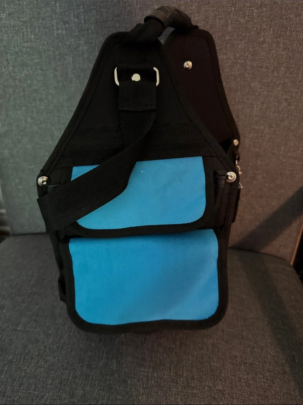 Black Craft Utility Shoulder Bag with Blue Accent pockets. Clips. Divider